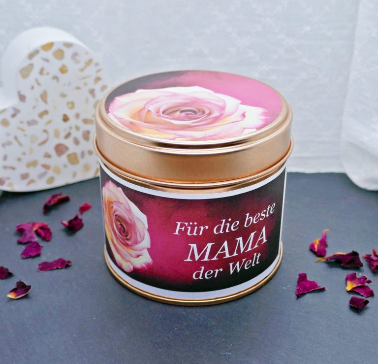Rosenmotiv auf einer Dose mit der Aufschrift "Für die beste MAMA der Welt".